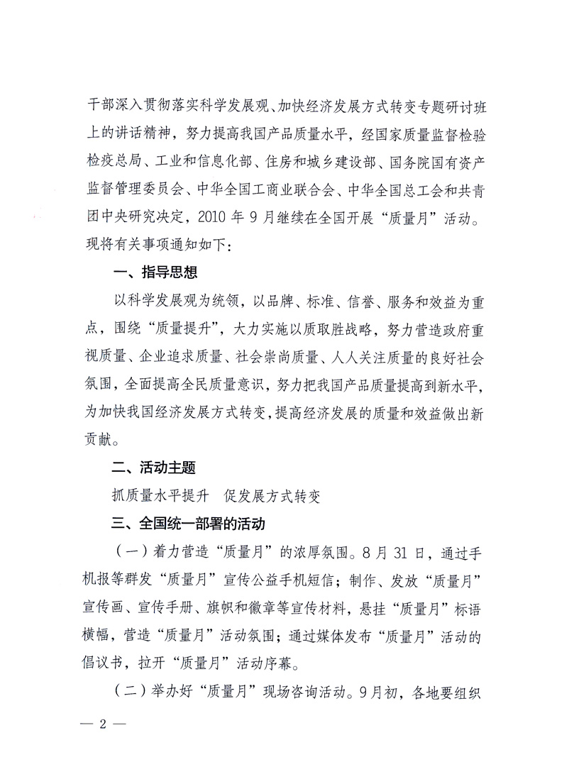 國家質量監(jiān)督檢驗檢疫總局、工業(yè)和信息化部、住房和城鄉(xiāng)建設部、國務院國有資產監(jiān)督管理委員會、中華全國工商業(yè)聯(lián)合會、中華全國總工會、共青團中央《關于開展2010年全國“質量月”活動的通知》