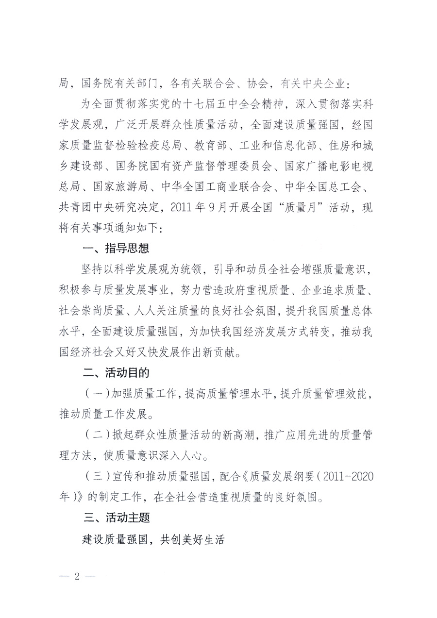 國家質(zhì)量監(jiān)督檢驗檢疫總局、教育部、工業(yè)和信息化部、住房和城鄉(xiāng)建設(shè)部國務(wù)院國有資產(chǎn)監(jiān)督管理委員會、國家廣播電影電視總局、國家旅游局中華全國工商業(yè)聯(lián)合會、中華全國總工會、共青團中央《關(guān)于開展2011年全國“質(zhì)量月”活動的通知》